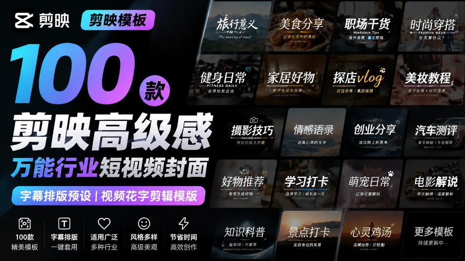 【剪映模板】100款剪映高级感万能行业短视频封面字幕排版预设视频花字剪辑模版-海之城短剧项目