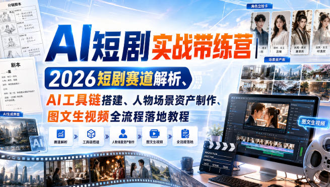 AI短剧实战带练营｜2026短剧赛道解析、AI工具链搭建、人物场景资产制作、图文生视频全流程落地教程 - 冒泡网