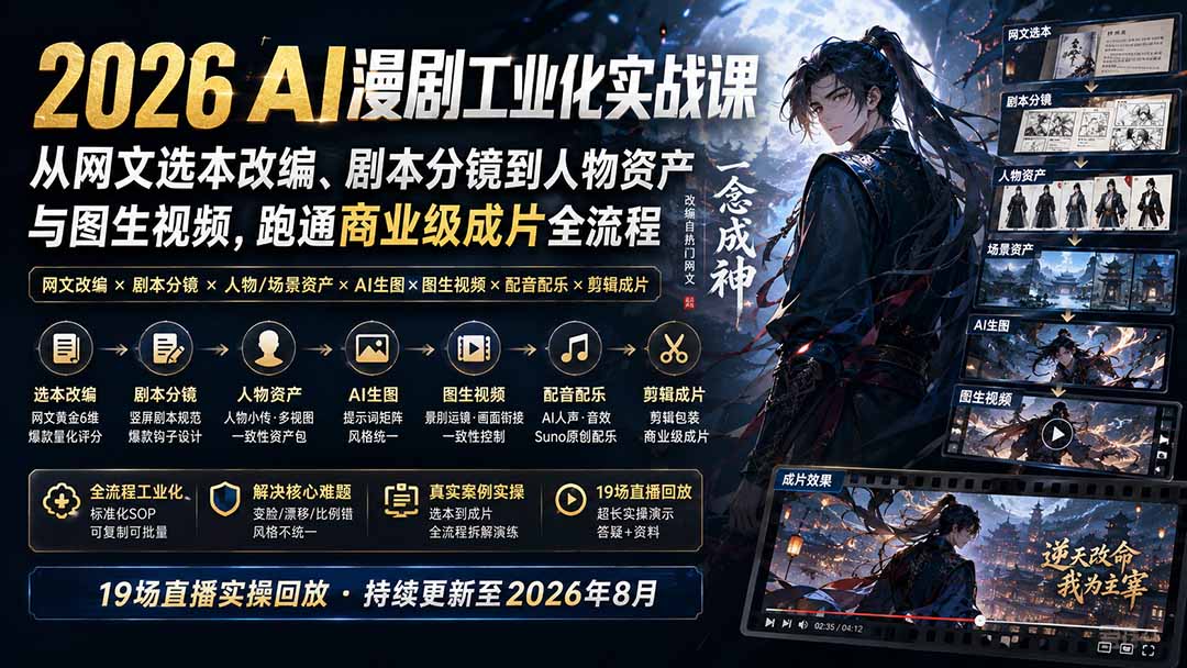 2026 AI漫剧工业化实战课-更新：从网文选本改编、剧本分镜到人物资产与图生视频，跑通商业级成片全流程-海之城短剧项目
