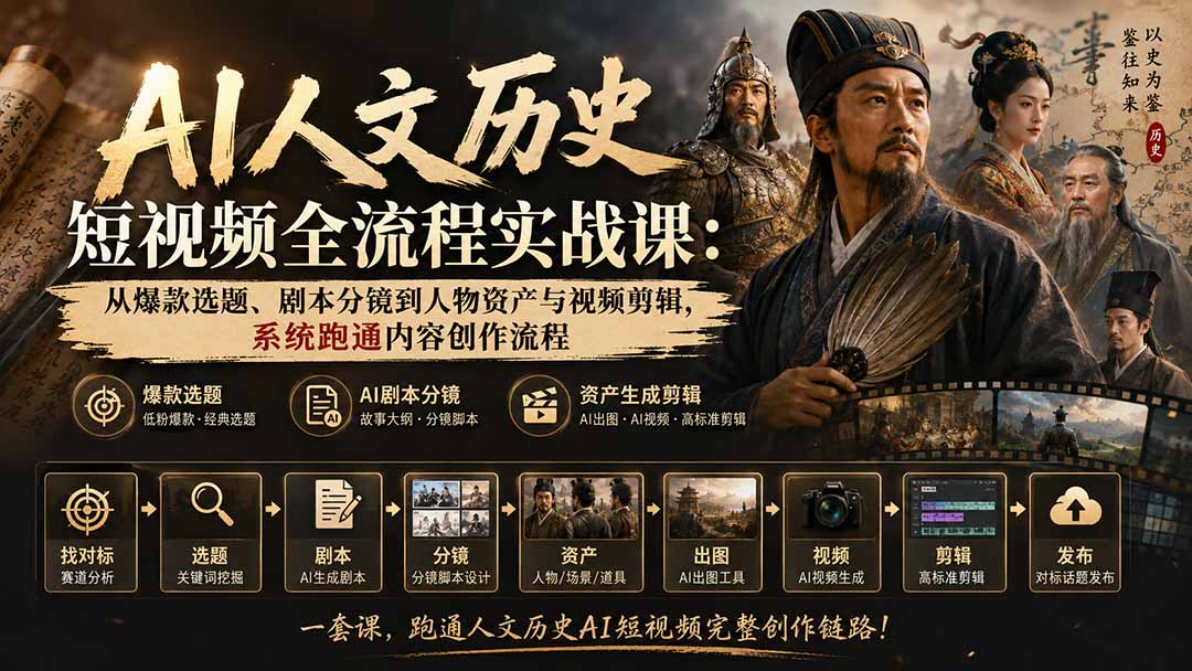 AI人文历史短视频全流程实战课：从爆款选题、剧本分镜到人物资产与视频剪辑，系统跑通内容创作流程-海之城短剧项目