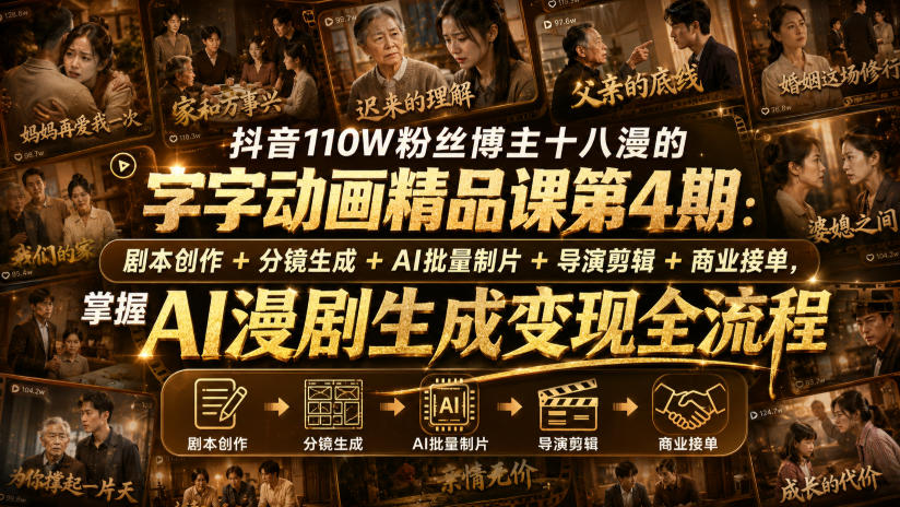 抖音110W粉丝博主十八漫的字字动画精品课第4期：剧本创作+分镜生成+剪辑+商业接单，掌握AI漫剧生成变现全流程-海之城短剧项目