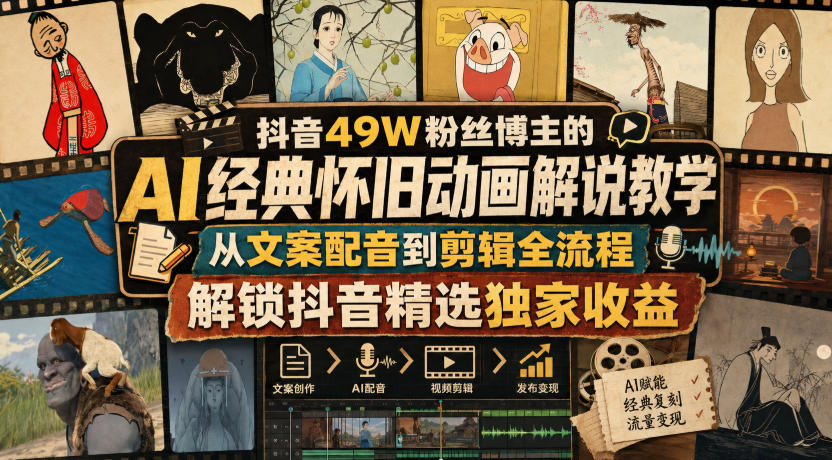 抖音49W粉丝博主的AI经典怀旧动画解说教学，从文案配音到剪辑全流程，解锁抖音精选独家收益-海之城短剧项目