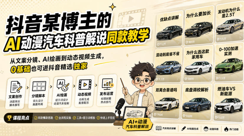 抖音某博主的AI动漫汽车科普解说同款教学，从文案分镜、AI绘画到动态视频生成，0基础解锁抖音精选独家收益-海之城短剧项目