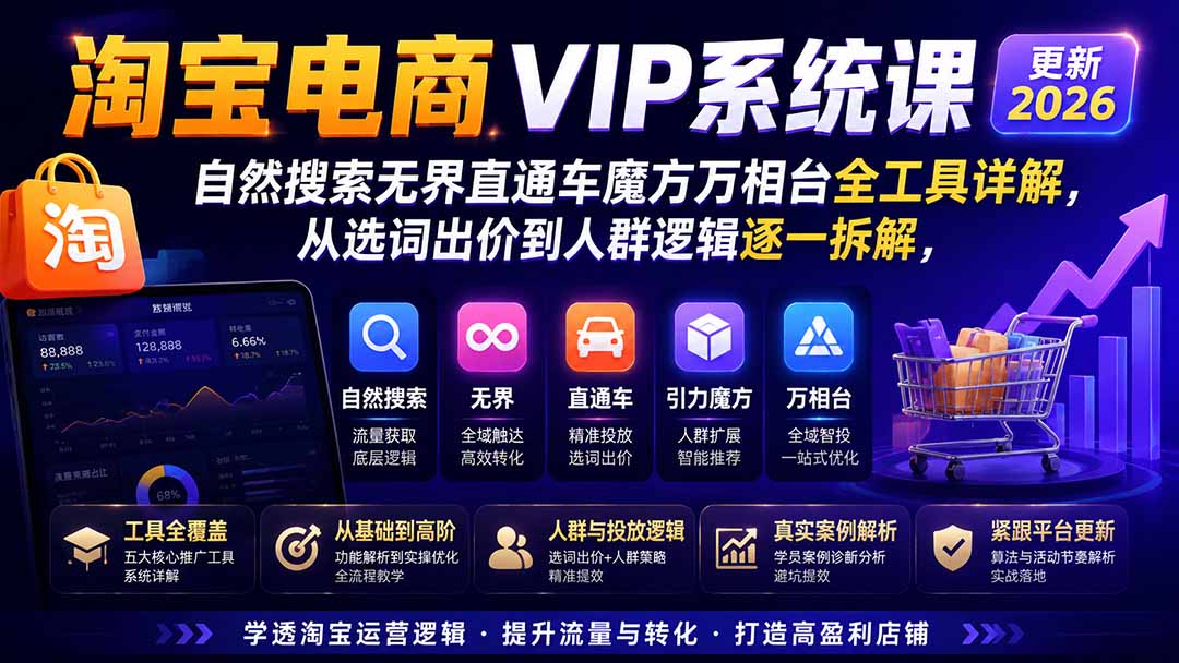 2026淘宝电商终局之战VIP课-更新：自然搜索+直通车+无界+精准人群，系统掌握测款动销与全店推广布局方法-海之城短剧项目