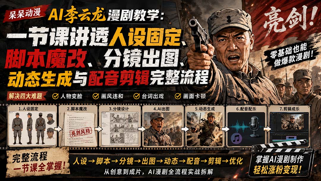 呆呆动漫AI李云龙漫剧教学：一节课讲透人设固定、脚本魔改、分镜出图、动态生成与配音剪辑完整流程-海之城短剧项目