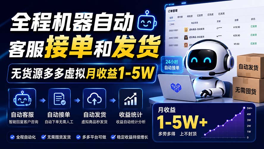 全程机器自动客服接单和发货，无货源多多虚拟月收益1-5W-海之城短剧项目