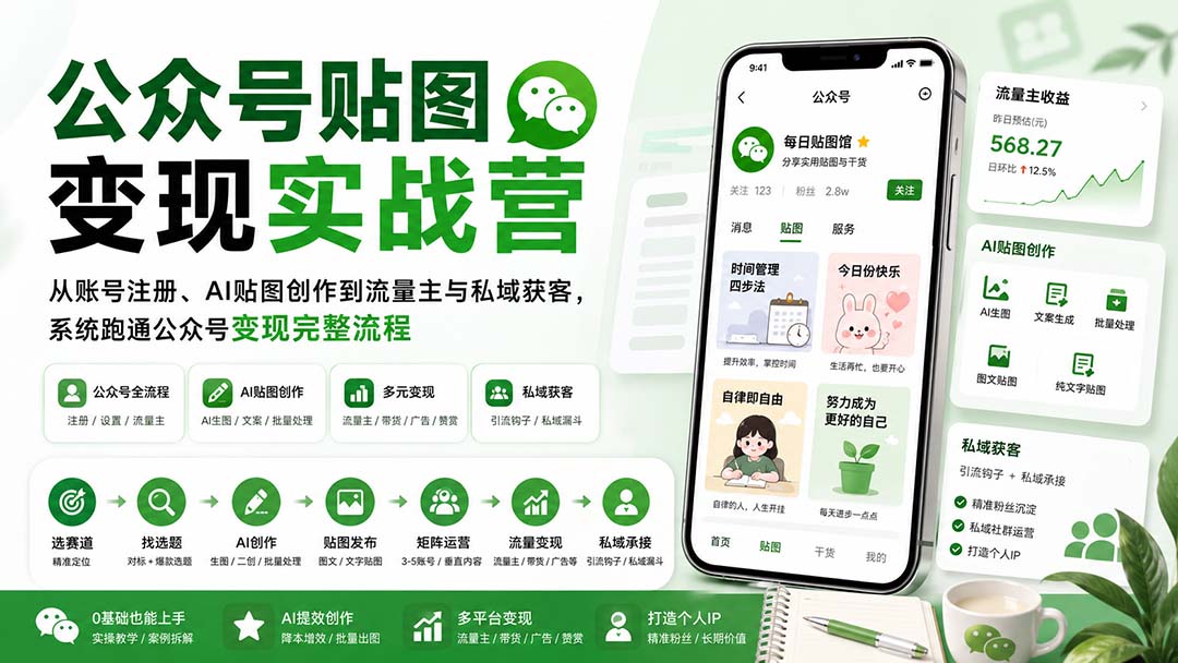 公众号贴图变现实战营：从账号注册、AI贴图创作到流量主与私域获客，系统跑通公众号变现完整流程-海之城短剧项目