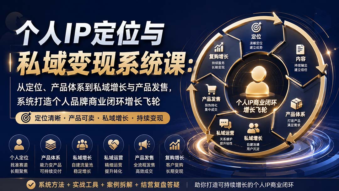 个人IP定位与私域变现系统课：从定位、产品体系到私域增长与产品发售，系统打造个人品牌商业闭环增长飞轮-海之城短剧项目