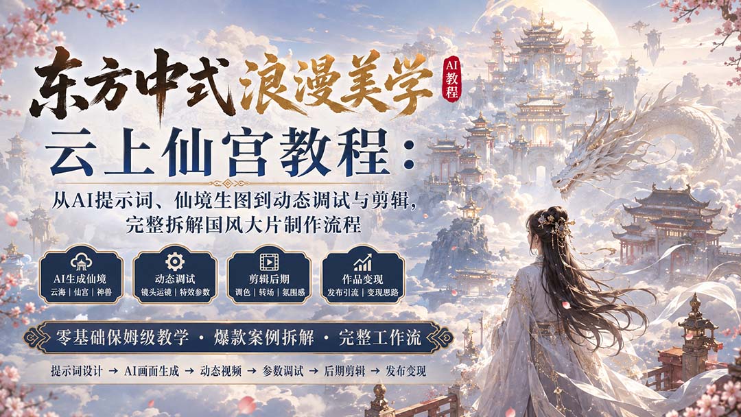 东方中式浪漫美学云上仙宫教程：从AI提示词、仙境生图到动态调试与剪辑，完整拆解国风大片制作流程-海之城短剧项目