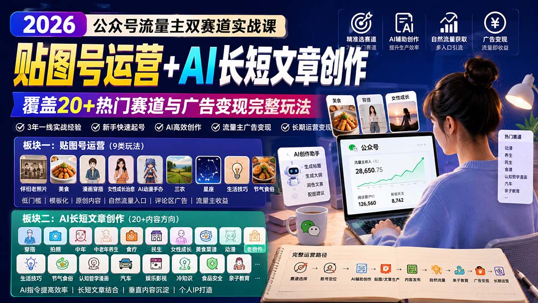 公众号流量主双赛道实战课：贴图号运营+AI长短文章创作，覆盖20+热门赛道与广告变现完整玩法-海之城短剧项目
