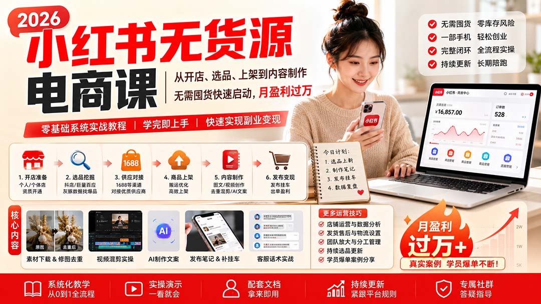 小红书无货源电商课(8月30更新)：从开店、选品、上架到内容制作，无需囤货快速启动，月盈利过万-海之城短剧项目