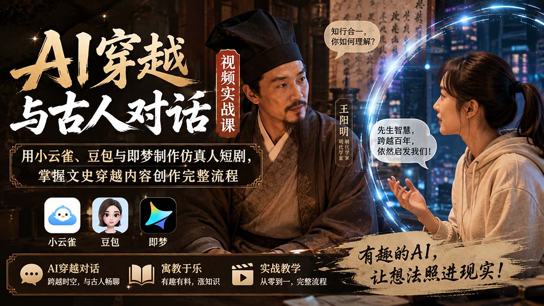 AI穿越与古人对话视频实战课：用小云雀、豆包与即梦制作仿真人短剧，掌握文史穿越内容创作完整流程-海之城短剧项目