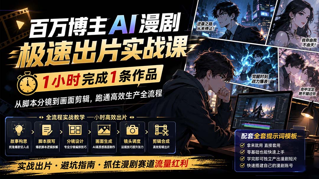 百万博主AI漫剧极速出片实战课：1小时产出条作品，从脚本分镜到画面剪辑，跑通高效生产全流程-海之城短剧项目