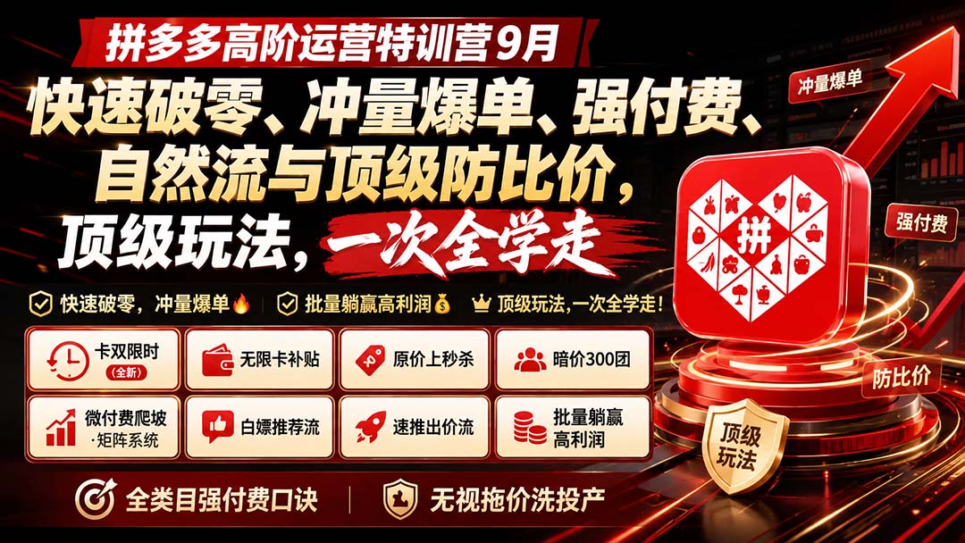拼多多高阶运营特训营9月：快速破零、冲量爆单、强付费、自然流与顶级防比价， 顶级玩法，一次全学走-海之城短剧项目
