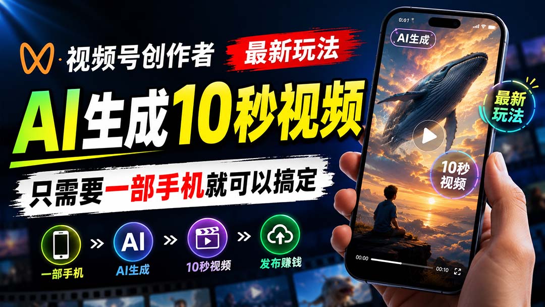 视频号创作者最新玩法，AI生成10秒视频，只需要一部手机就可以搞定-海之城短剧项目