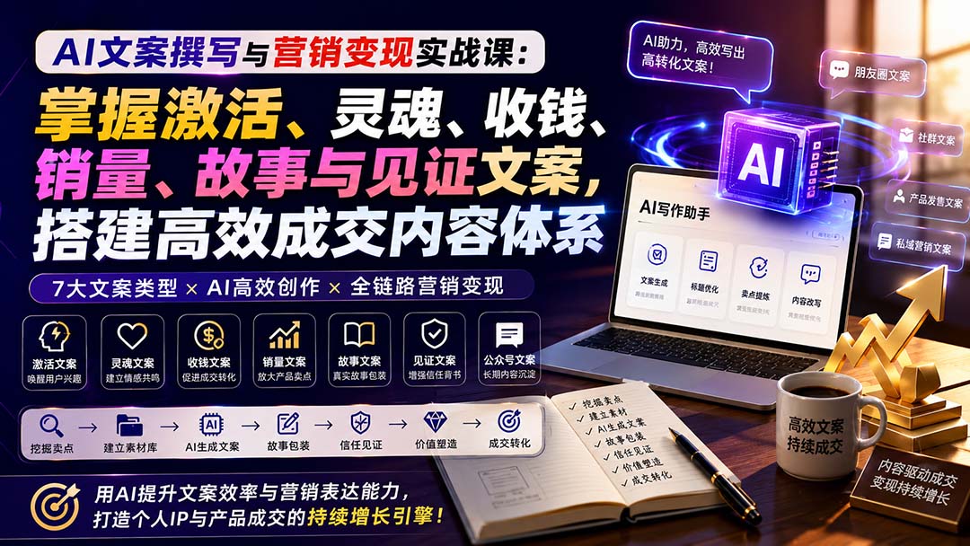 AI文案撰写与营销变现实战课：掌握激活、灵魂、收钱、销量、故事与见证文案，搭建高效成交内容体系-海之城短剧项目