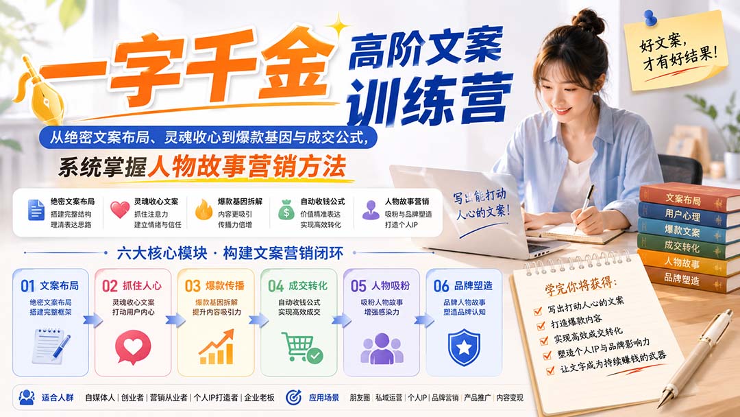 一字千金高阶文案训练营：从绝密文案布局、灵魂收心到爆款基因与成交公式，系统掌握人物故事营销方法-海之城短剧项目