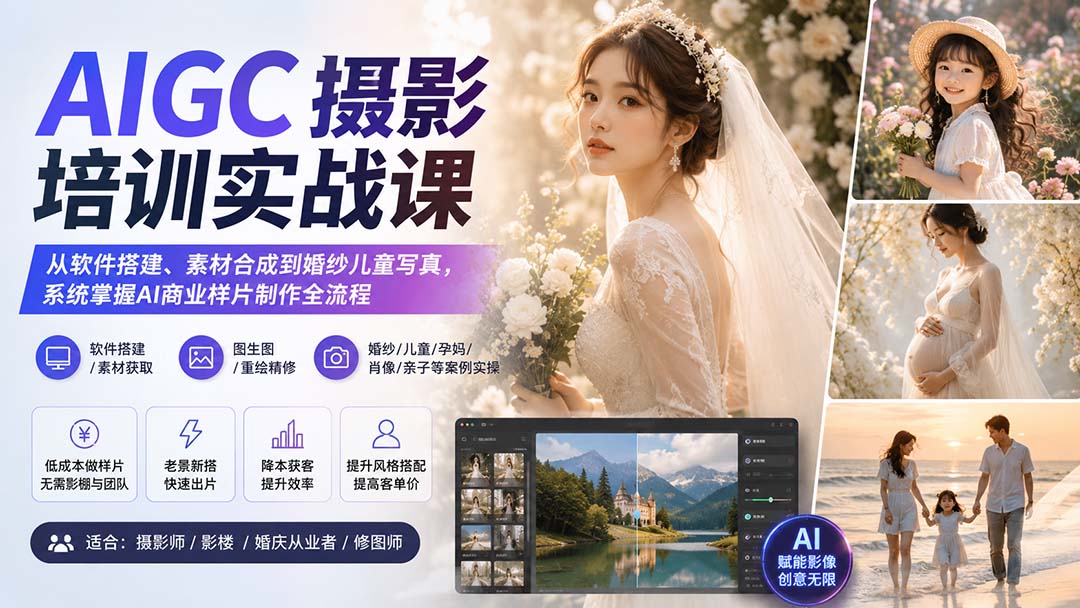 AIGC摄影培训实战课：从软件搭建、素材合成到婚纱儿童写真，系统掌握AI商业样片制作全流程-海之城短剧项目