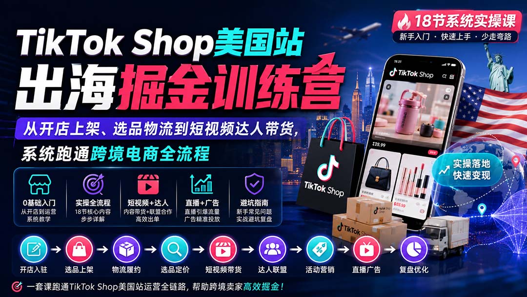 TikTok Shop美国站出海掘金训练营：从开店上架、选品物流到短视频达人带货，系统跑通跨境电商全流程-海之城短剧项目