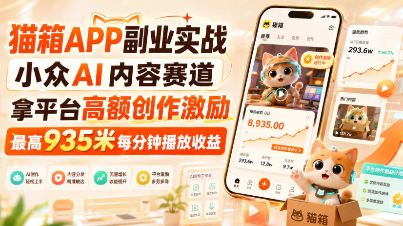猫箱APP副业实战，小众AI内容赛道，拿平台高额创作激励，最高935米每分钟播放收益-海之城短剧项目