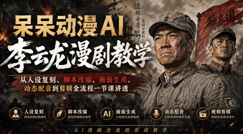 呆呆动漫AI李云龙漫剧教学，从人设复刻、脚本改编、画面生成、动态配音到剪辑全流程一节课讲透-海之城短剧项目