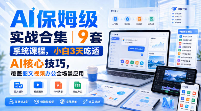 AI保姆级实战合集｜9套系统课程，小白3天吃透AI核心技巧，覆盖图文视频办公全场景应用-海之城短剧项目