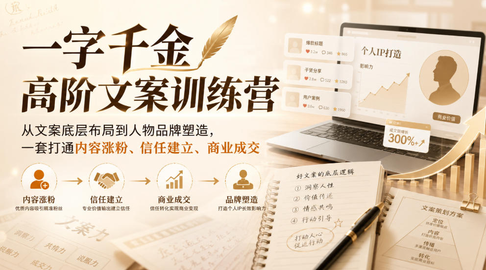 一字千金高阶文案训练营，从文案底层布局到人物品牌塑造，一套打通内容涨粉、信任建立、商业成交-海之城短剧项目