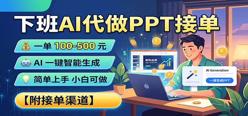 下班AI代做PPT接单，一单100-500，AI一键生成，小白也能做，附接单渠道-海之城短剧项目