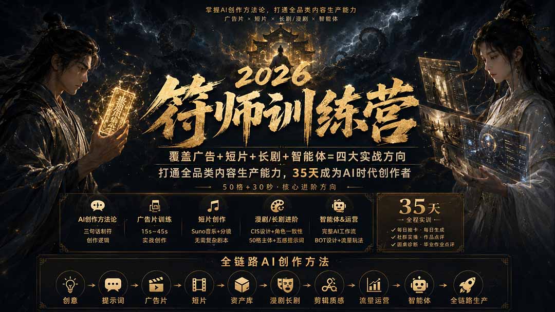 符师训练营-35天成为AI时代创作者，广告+短片+漫剧+智能体四大实战方向，掌握从创意到上线的完整工作流-海之城短剧项目