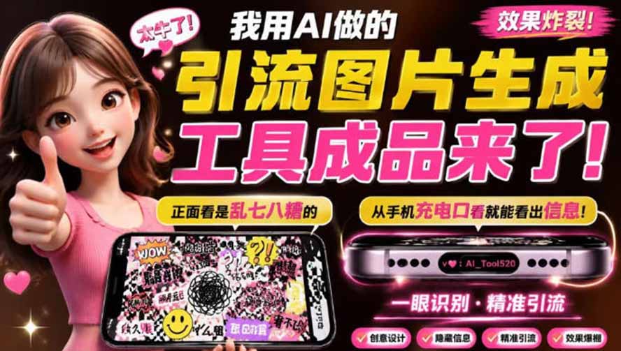 自媒体引流工具来了，把你的微信藏到图片中，正面看是乱七八糟的乱码，手机平躺从充电口看就能看出实际内容-海之城短剧项目