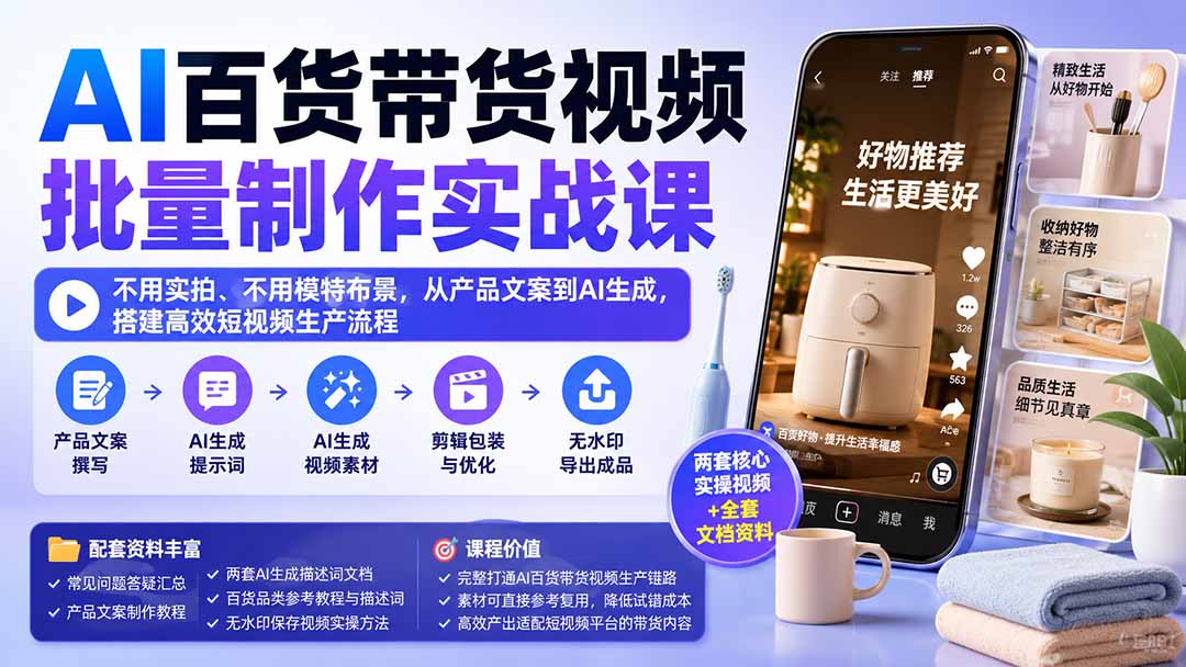 AI百货带货视频批量制作实战课：不用实拍、不用模特布景，从产品文案到AI生成，搭建高效短视频生产流程-海之城短剧项目