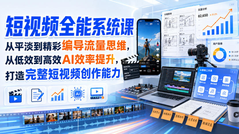 短视频全能系统课，从平淡到精彩编导流量思维，从低效到高效AI效率提升，打造完整短视频创作能力（2026年8月30更新233集）-海之城短剧项目