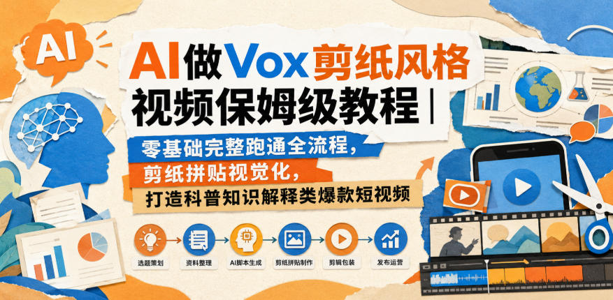 AI做Vox剪纸风格视频保姆级教程｜零基础完整跑通全流程，剪纸拼贴视觉化，打造科普知识解释类爆款短视频-海之城短剧项目