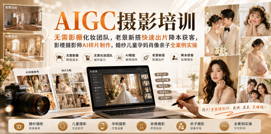 AIGC摄影培训｜无需影棚化妆团队，老景新搭快速出片降本获客，影楼摄影师AI样片制作，婚纱儿童孕妈肖像亲子全案例实操-海之城短剧项目