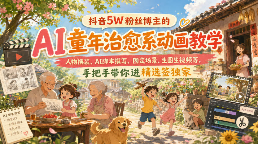 抖音5W粉丝博主的AI童年治愈系动画教学，人物换装、AI脚本撰写、固定场景、生图生视频等，手把手带你进精选签独家 - 冒泡网