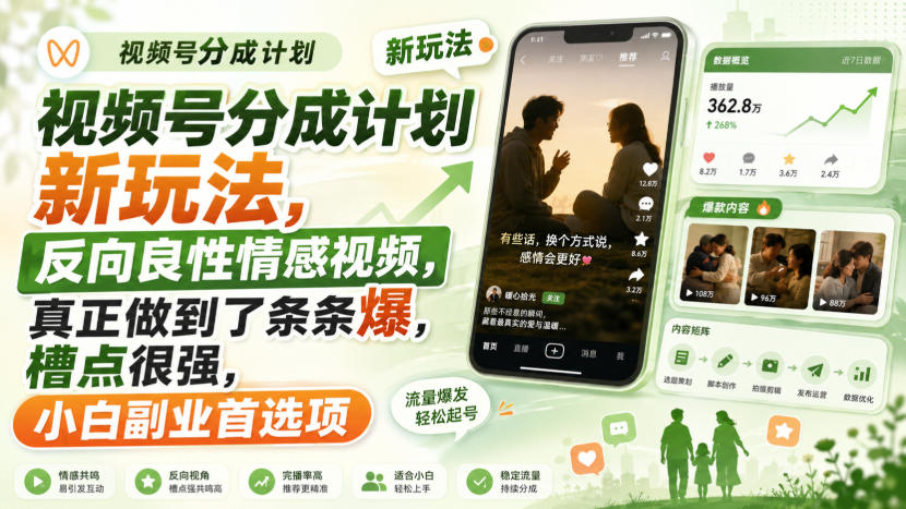 视频号分成计划新玩法，反向良性情感视频，真正做到了条条爆，槽点很强，小白副业首选项-海之城短剧项目
