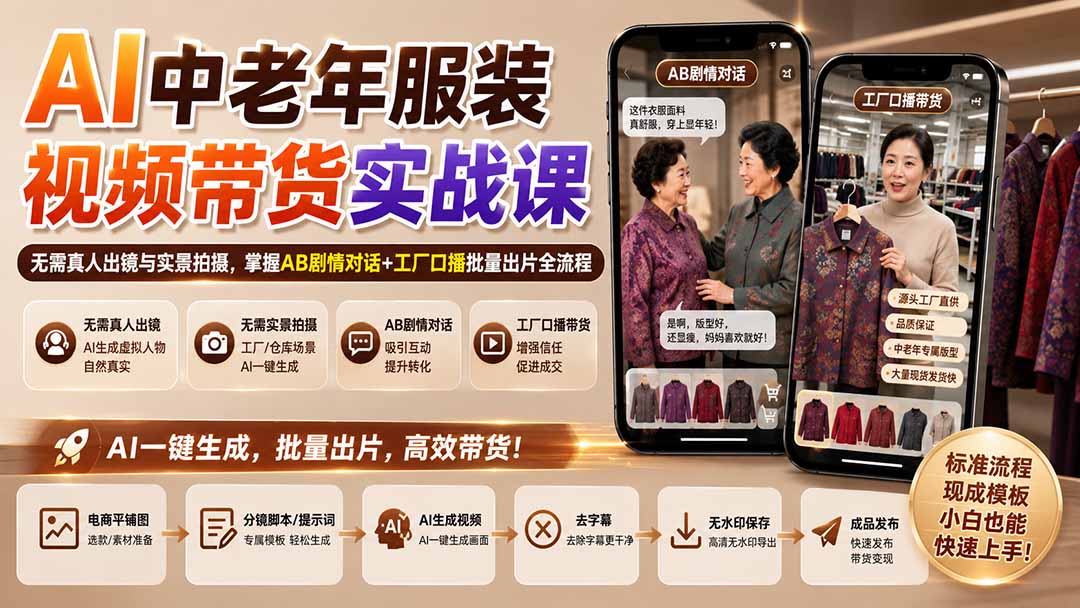 AI中老年服装视频带货实战课：无需真人出镜与实景拍摄，掌握AB剧情对话+工厂口播批量出片全流程 - 中创网