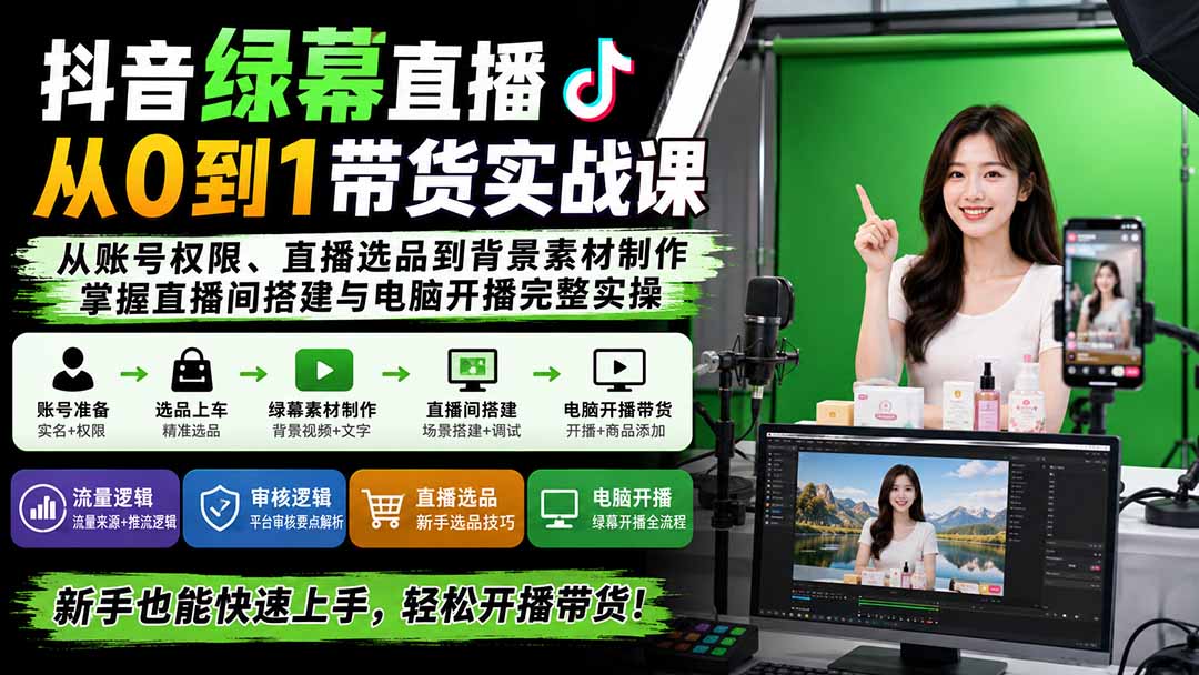 抖音绿幕直播从0到1带货实战课：从账号权限、直播选品到背景素材制作，掌握直播间搭建与电脑开播完整实操-海之城短剧项目