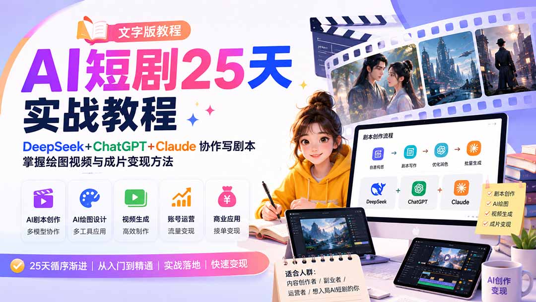 AI短剧25天实战教程（文字版教程）：DeepSeek+ChatGPT+Claude协作写剧本，掌握绘图视频与成片变现方法-海之城短剧项目
