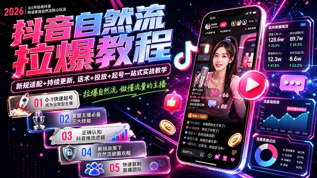 抖音自然流拉爆教程-更新8月：做懂流量的主播，新规适配+持续更新，话术+投放+起号一站式实战教学-海之城短剧项目