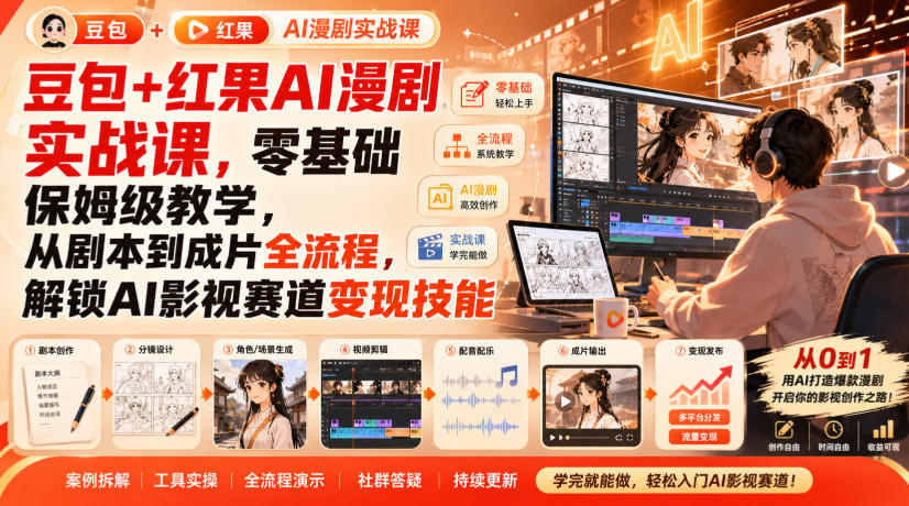 豆包+红果AI漫剧实战课，零基础保姆级教学，从剧本到成片全流程，解锁AI影视赛道变现技能 - 冒泡网