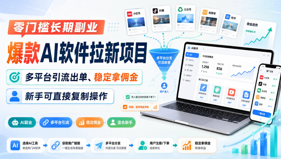 零门槛长期副业，爆款AI软件拉新项目，多平台引流出单、稳定拿佣金，新手可直接复制操作-海之城短剧项目