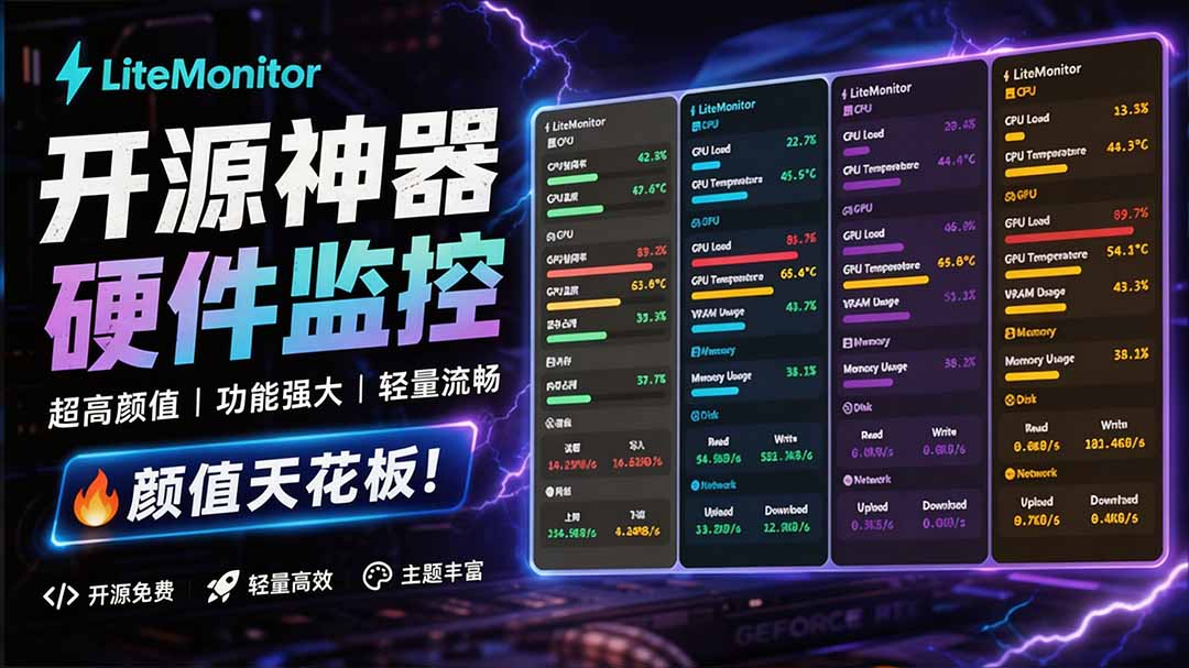 Github超过3.3K Stars！电脑桌面硬件监控工具，界面好看又好用，实时CPU/GPU/网速实时显示 LiteMonitor-海之城短剧项目