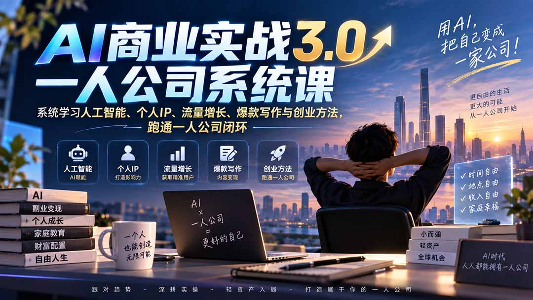 AI商业实战3.0一人公司系统课：系统学习人工智能、个人IP、流量增长、爆款写作与创业方法，跑通一人公司闭环-海之城短剧项目