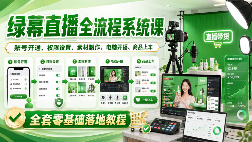 绿幕直播全流程系统课，账号开通、权限设置、素材制作、电脑开播、商品上车全套零基础落地教程-海之城短剧项目