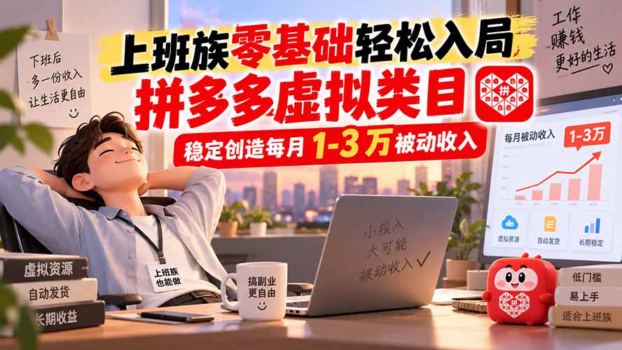 上班族零基础轻松入局，拼多多虚拟类目，稳定创造每月 1-3 万被动收入-海之城短剧项目
