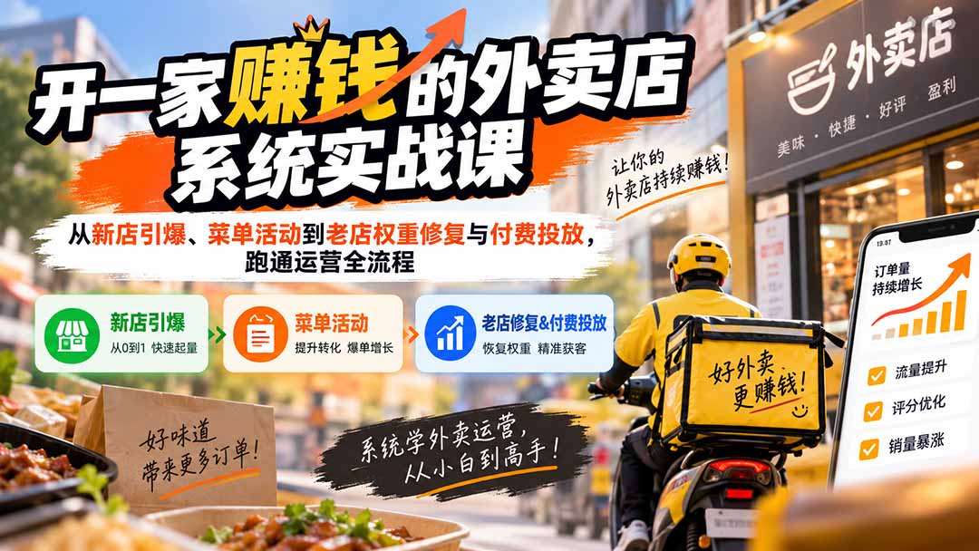 开一家赚钱的外卖店系统实战课：从新店引爆、菜单活动到老店权重修复与付费投放，跑通运营全流程-海之城短剧项目