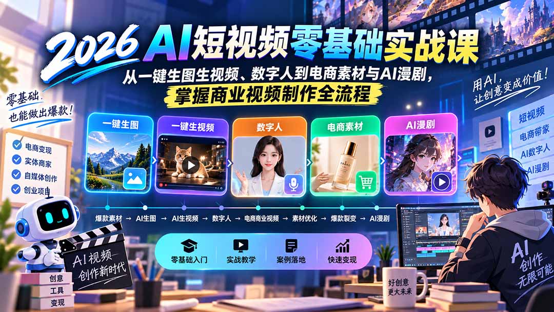 2026AI短视频零基础实战课：从一键生图生视频、数字人到电商素材与AI漫剧，掌握商业视频制作全流程-海之城短剧项目