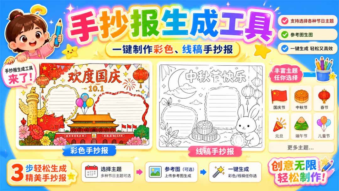 手抄报批量生成工具来了，完全免费，告别豆包生图，这个高清无水印-海之城短剧项目