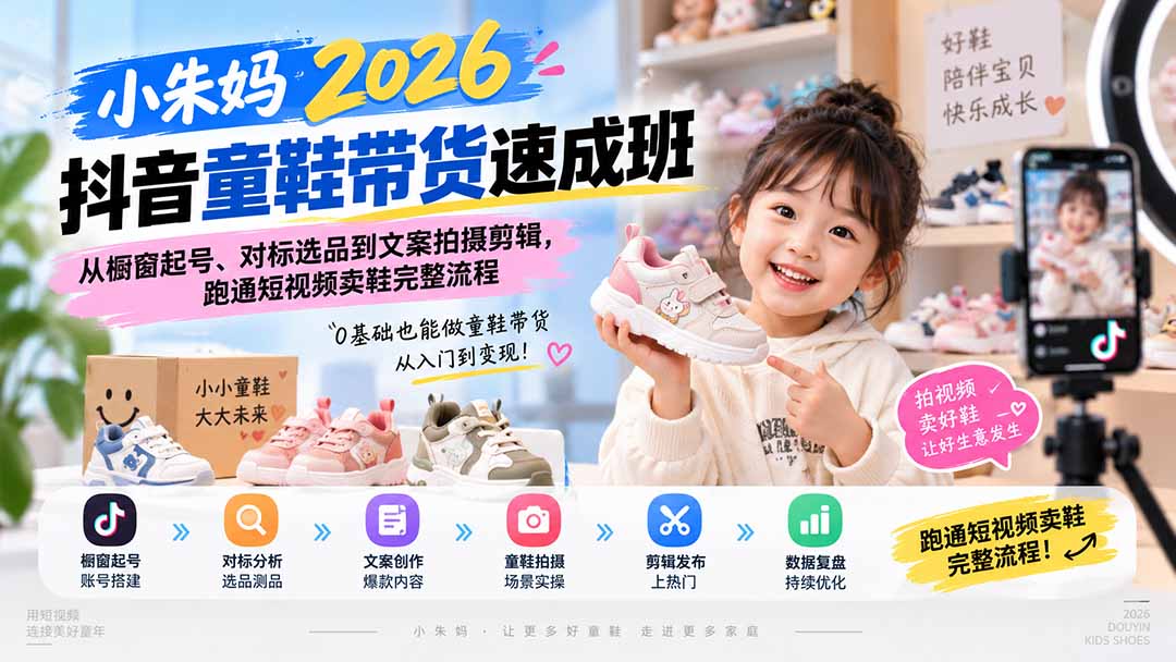 小朱妈2026抖音童鞋带货速成班：从橱窗起号、对标选品到文案拍摄剪辑，跑通短视频卖鞋完整流程-海之城短剧项目